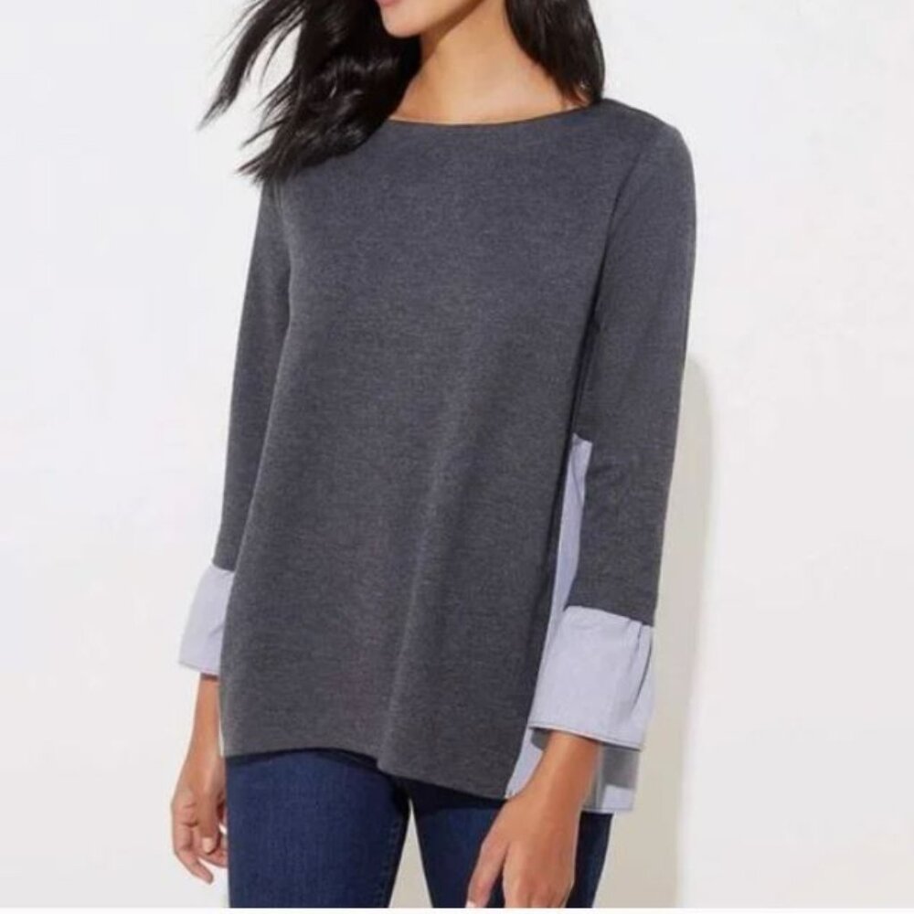 NWOT LOFT Women’s Mixed Media Long Leave Bell Cuff Sweatshirt Gray